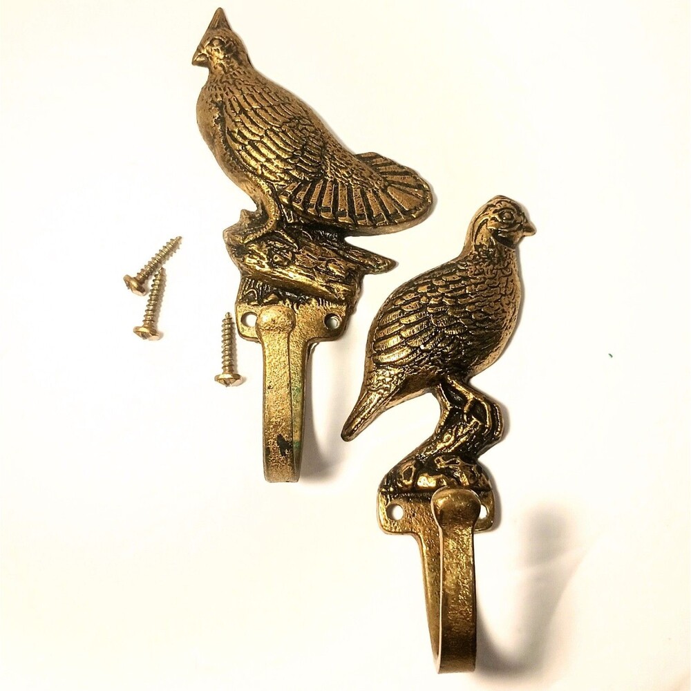 2 Cast Solid Keeler Brass Game Bird Wall HOOKS 4.5" Duck Quail MCM Vintage Gold